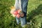 Woman holds shopping cotton string bag with red apples. Autumn Zero Waste concept