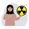 A woman holds a sign with a warning about nuclear danger. The concept of nuclear war, radiation, biohazard.