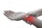 The woman holds on to the sore wrist at white background