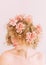 Woman holiday flowers wreath pink laugh happiness