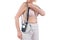 Woman with holter monitor device for daily monitoring of electrocardiogram and blood pressure