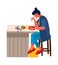 Woman at home. Cartoon female embroiders or glues applique. Character sits at table and cuts with scissors. Girl doing
