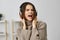 woman home headphones happy earphones student caucasian young music cheerful indoor