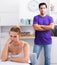Woman at home table after quarrel with husband