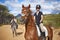 Woman, horse and countryside for horseback riding in texas, rider and sport training for performance. Farm, rural and