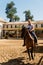 Woman horse rider riding a brown andalusian horse in Historic Ro