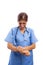 Woman hospital nurse or doctor in scrubs holding painful wrist