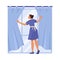 Woman Hotel Maid at Window Pulling Curtains Open Vector Illustration