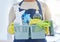 Woman, housekeeping products and cleaning container for home cleaner service, office maid and worker. Zoom on spray