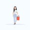 Woman housemaid holding bucket with supplies female cleaner janitor cleaning service concept flat full length white