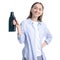Woman housewife black bottle liquid laundry gel detergent in hand