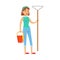 Woman Housewife With Bucket OF Water And Broom Ready To Clean, Classic Household Duty Of Staying-at-home Wife