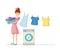 Woman housewife characters. Woman housewife washing clothes in washing machine.