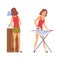 Woman Housewife Doing Domestic Chores Washing the Dishes and Clothes Ironing Vector Set