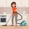 Woman housewife vacuuming the room. Vector illustration in a fla