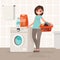 Woman housewife washes clothes in the washing machine. Vector il