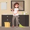 Woman housewife washes a floor mop. Vector illustration in a fla