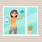 Woman housewife wipes dust from a window in the house. Vector il