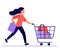 Woman hurry run to sale in shop. Girl buyer with shopping cart rush to sale and discount items. Vector illustration