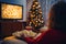 Woman Immersed in TV with Popcorn on Christmas.