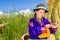 Woman, in indian costume on Uros island Peru