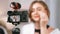 Woman influencer shoot live streaming vlog video review makeup prim social
