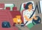 Woman inside car driving with seat belts fastened, flat vector illustration.