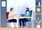 Woman interview. Female business girl employment recruiting in office boss sitting vector character