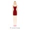 Woman inverted triangle body shape character in dress. Female Vector illustration silhouette 9 head size lady figure