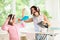 Woman ironing clothes. Home chores