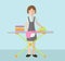 Woman irons clothes. Ironing board and iron. Vector illustration
