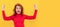 Woman isolated face portrait, banner with copy space. redhead lady celebrating success. finally. happy woman express