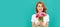 Woman isolated face portrait, banner with mock up copyspace. amazed girl with tulip flower bouquet on blue background.