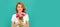 Woman isolated face portrait, banner with mock up copyspace. happy girl with tulip flower bouquet on blue background. 8