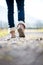 Woman in jeans and boots walking along a rural path