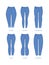 Woman jeans. Fabric denim blue clothes for girls stylish jeans skinny pants garish vector colored flat pictures