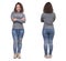 Woman with jeans front and back arms crossed on white background