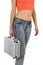 Woman in jeans with metal case