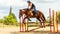 Woman jockey training riding horse. Sport activity