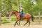 Woman jockey training riding horse. Sport activity