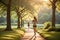 The woman jogging in a serene park winding path surrounded by lush greenery. The early morning or late afternoon sunlight