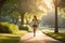 A woman jogging in a serene park winding path surrounded by lush greenery. The early morning or late afternoon sunlight