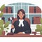 Woman judge with gavel in courtroom. Illustration in flat cartoon style.
