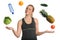 Woman Juggling Fruits Vegetables and Water