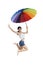 Woman jumping with rainbow umbrella