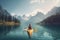 A woman kayaking through a beautiful landscape. Generative AI