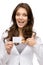 Woman keeping business card and thumbing up