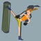 Woman kickboxer kicking punching bag