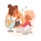 Woman with Kid Learning Geography Sitting at Desk with Open Book and Globe Studying Vector Illustration