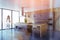 Woman at kitchen room with furniture and window, lens flare